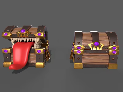 Decorative Wooden Treasure Chests With Golden Trim Purple Gems And Tongue Detail 3d model