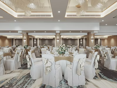 Elegant Banquet Hall Interior With Set Tables Chairs Centerpieces And Chandeliers 3d model