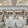 Elegant Banquet Hall Interior With Set Tables Chairs Centerpieces And Chandeliers