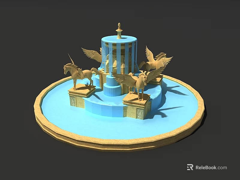 Garden Ornament Featuring Circular Blue Basin Central Column With Statue And Winged Unicorns 3d model 