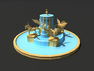 Garden Ornament Featuring Circular Blue Basin Central Column With Statue And Winged Unicorns 3d model