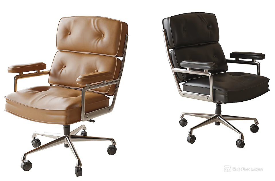 Modern Leather Office Chairs In Brown And Black With Armrests Metal Frame And Wheels 3d model 