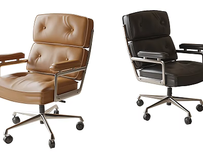 Modern Leather Office Chairs In Brown And Black With Armrests Metal Frame And Wheels 3d model