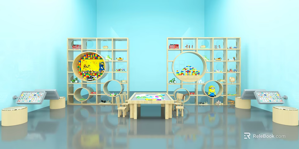 Kids Playroom Featuring Blue Walls Cabinet Shelves Multiple Compartments With Toys Books Table And Chairs 3d model 