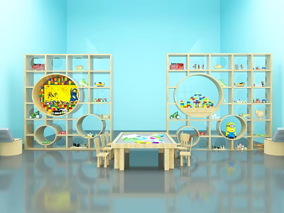 Kids Playroom Featuring Blue Walls Cabinet Shelves Multiple Compartments With Toys Books Table And Chairs 3d model