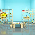 Kids Playroom Featuring Blue Walls Cabinet Shelves Multiple Compartments With Toys Books Table And Chairs