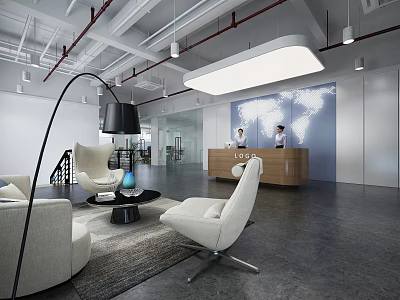 Modern Reception Area Interior With Wooden Desk Staff And World Map Backdrop Lighting 3d model