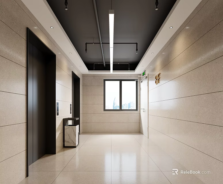 Modern Elevator Lobby Interior With Light Beige Walls Polished Floor Tiles And Ceiling Lighting 3d model