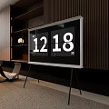 Stylish Stand Mounted TV Showing Time In Modern Living Room With Wooden Accent Wall