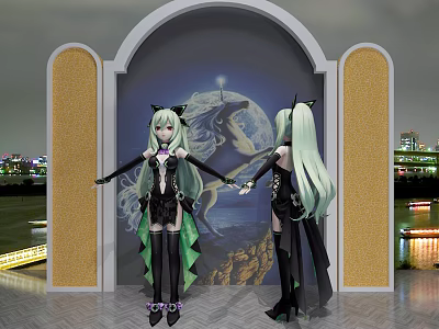 Game Movie Character with Green Long Hair Cat Ears in Black Purple Outfit Moon Mural 3d model