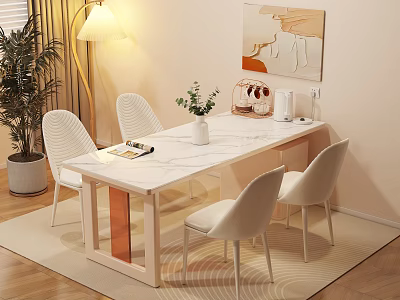Modern Dining Table Set With Marble Top White Minimalist Chairs Floor Lamp And Wall Art 3d model