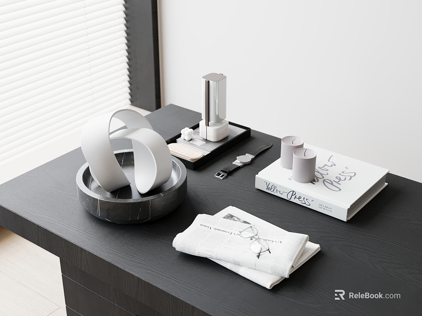 Elegant White Inflatable Model Display on Black Table with Decorative Books and Towels 3d model 