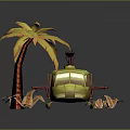 Detailed Helicopter And Palm Tree On Sandy Ground With Surrounding Plants