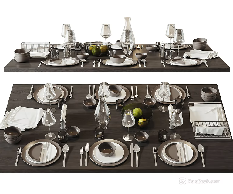 Elegant Tableware Set With Plates Bowls Glasses Cutlery Napkins And Vases On Dark Wooden Table 3d model 