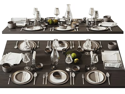 Elegant Tableware Set With Plates Bowls Glasses Cutlery Napkins And Vases On Dark Wooden Table 3d model