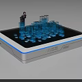 Interactive Commercial Device Displaying Blue Glowing 3D City Model on Black Screen with Small Figure