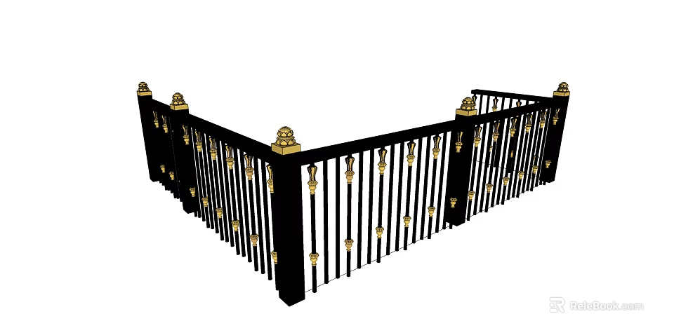 Elegant Black And Gold Wrought Iron Fence With Decorative Spherical Finials And Vertical Bars 3d model 