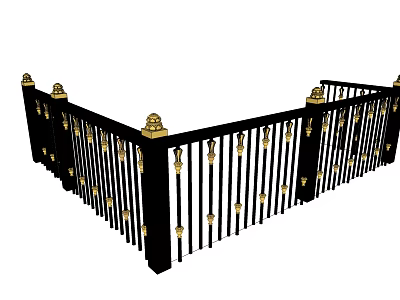 Elegant Black And Gold Wrought Iron Fence With Decorative Spherical Finials And Vertical Bars 3d model