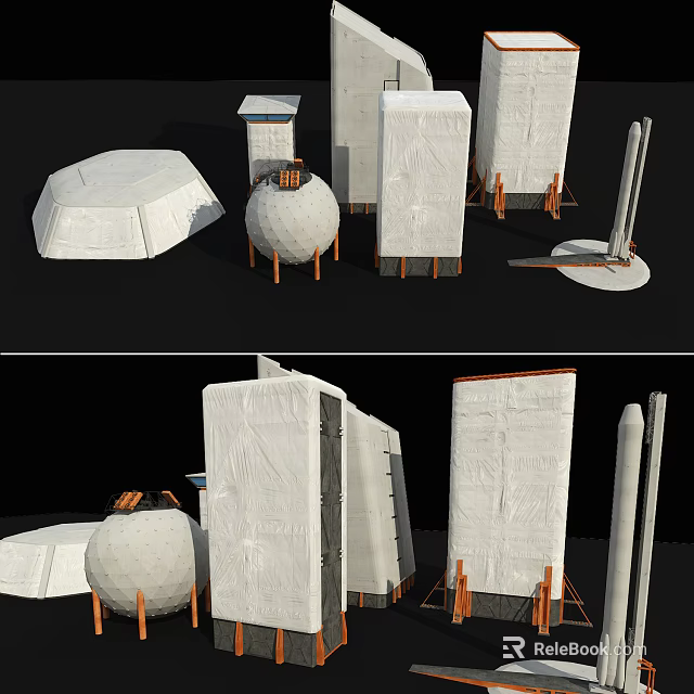 Various Types of Industrial Equipment With Wooden Stands And Different Shapes 3d model 