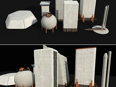 Various Types of Industrial Equipment With Wooden Stands And Different Shapes 3d model