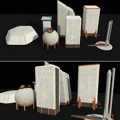 Various Types of Industrial Equipment With Wooden Stands And Different Shapes 3d model