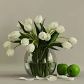 Decorative Transparent Glass Vase With Fresh White Tulips And Green Apples