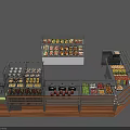 Modern Food Display Counter With Glass Shelves And Assorted Snacks Drinks Fruits