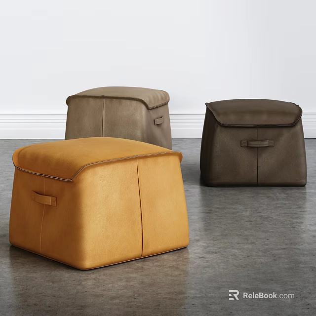 Stylish Square Leather Ottomans in Orange Brown and Dark Brown with Handles 3d model 