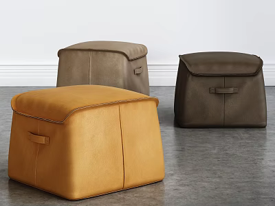 Stylish Square Leather Ottomans in Orange Brown and Dark Brown with Handles 3d model