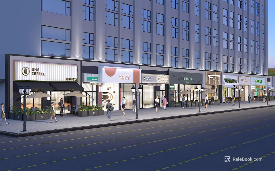 Vibrant Commercial Street With Colorful Storefronts Pedestrians Street Lamps And Modern Buildings 3d model 