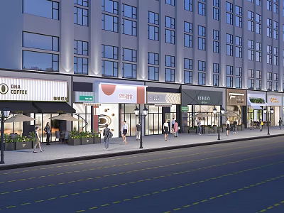 Vibrant Commercial Street With Colorful Storefronts Pedestrians Street Lamps And Modern Buildings 3d model