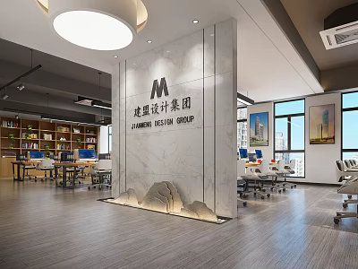 Modern Public Office Space With Marble Wall Logo Open Workstations Desks Chairs Bookshelves And Windows 3d model