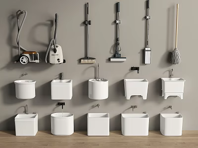 Household Cleaning Supplies Displayed With Vacuum Cleaners Mops Brooms And White Sinks 3d model