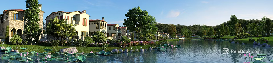 Beautiful Landscape with Red Roofed Buildings Green Trees Lawns and Lotus Pond with Calm Water 3d model 