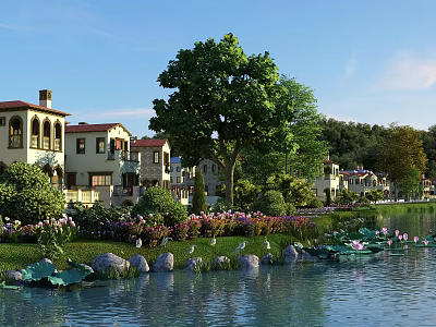 Beautiful Landscape with Red Roofed Buildings Green Trees Lawns and Lotus Pond with Calm Water 3d model