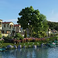 Beautiful Landscape with Red Roofed Buildings Green Trees Lawns and Lotus Pond with Calm Water