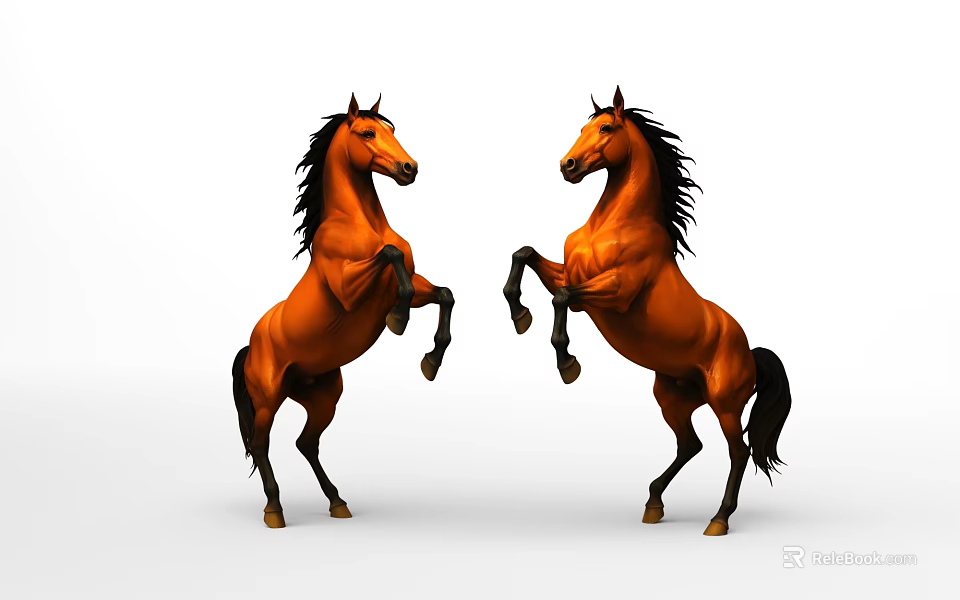 Two Brown Horses Standing On Hind Legs Facing Each Other With Flowing Manes 3d model 