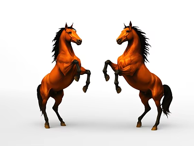 Two Brown Horses Standing On Hind Legs Facing Each Other With Flowing Manes 3d model