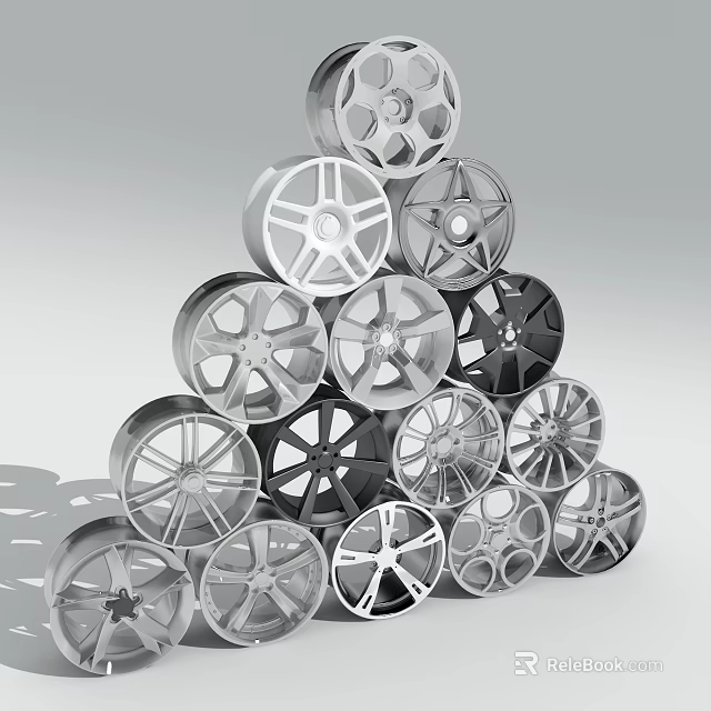 Car Tires Stacked in Pyramid Shape With Various Rim Designs Silver and Black Finish 3d model 