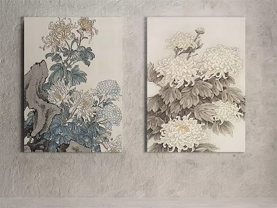 Two Traditional Botanical Paintings with Chrysanthemums in Blue and White Tones on Gray Wall 3d model