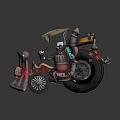 Steampunk Mechanical Cart With Metal Structure Pipes Wheels And Colorful Bottles