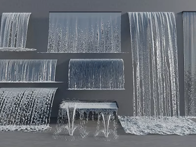 Various Water Fountain Designs With Waterfall Curtains Jet Streams And Splashing Effects 3d model