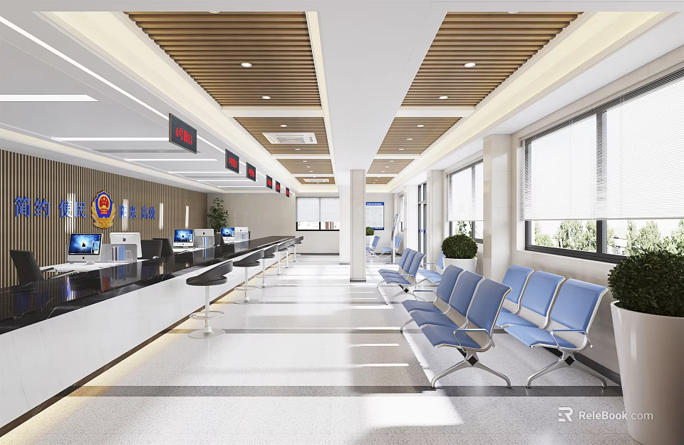 Modern Service Hall Interior With Service Counters Computers Blue Chairs Windows And Wooden Ceiling 3d model 