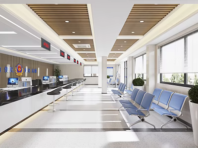 Modern Service Hall Interior With Service Counters Computers Blue Chairs Windows And Wooden Ceiling 3d model