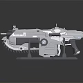 Futuristic Sci Fi Weapon Gun With Metallic Finish And Blue Accents On Display Stand