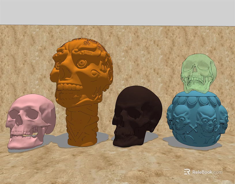 Carved Colorful Skull Decorative Ornament Set with Pink Orange Black Green Blue for Home Decor 3d model 