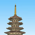 Traditional Multi tiered Pagoda With Golden Spire And Wooden Structure Against Blue Sky