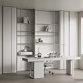 Minimalist Wooden Desk And Office Chair Set In Study Room With Bookshelf And Laptop