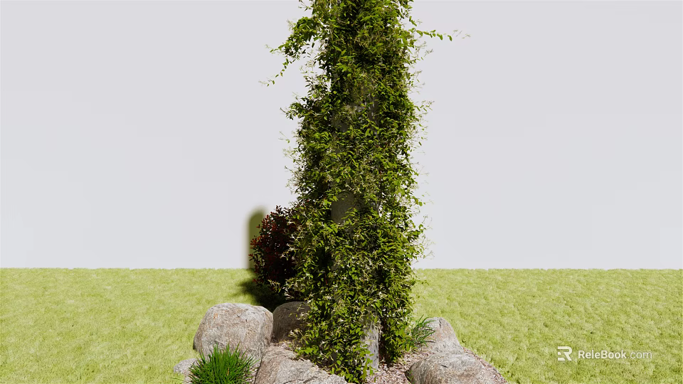 Climbing Green Vine Wrapping Around Structure With Stones Small Plants On Green Grass 3d model 