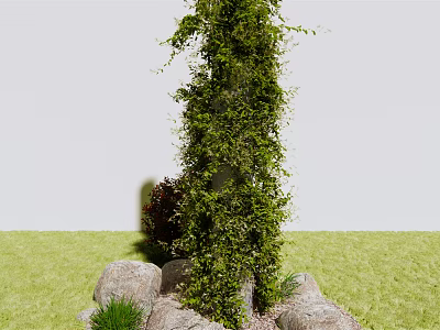 Climbing Green Vine Wrapping Around Structure With Stones Small Plants On Green Grass 3d model